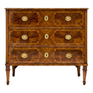 Italian Neoclassical Walnut and Marquetry Three-Drawer Commode For Sale
