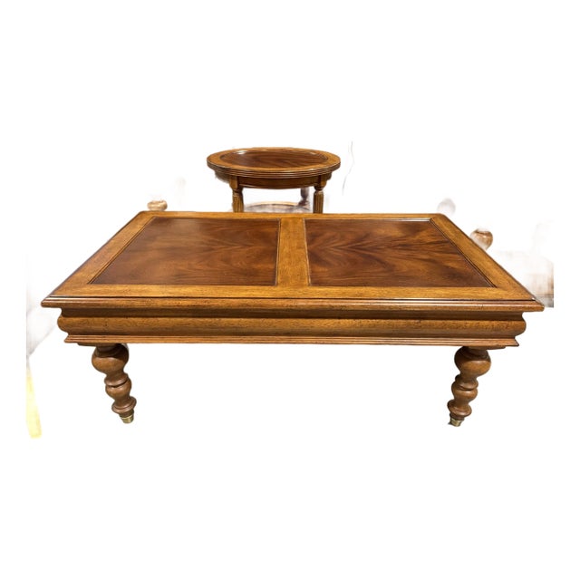 Thomasville Vintage Burl Wood Coffee Table With Turned Legs For Sale