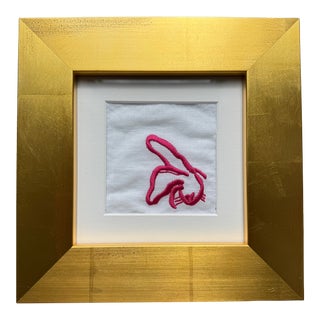 Hunt Slonem Hand-Embroidered Pink Bunny on Linen, Framed For Sale