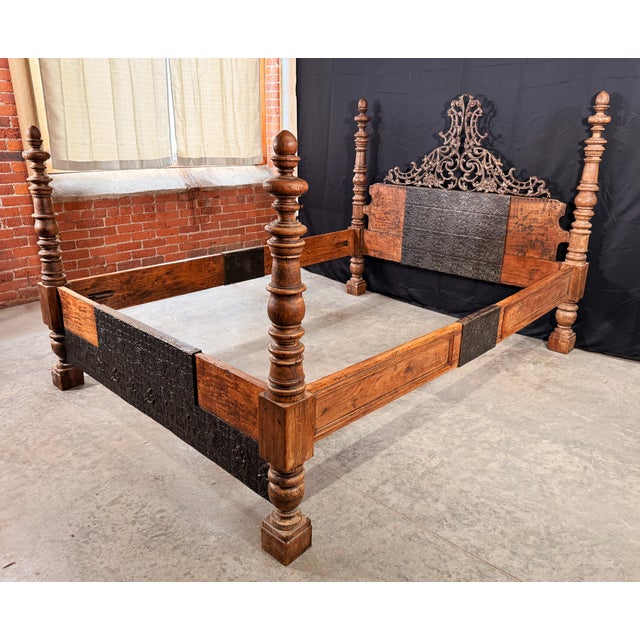 Indian British Colonial Style Hardwood and Forged Iron Four Poster Queen Bed Frame For Sale - Image 3 of 14