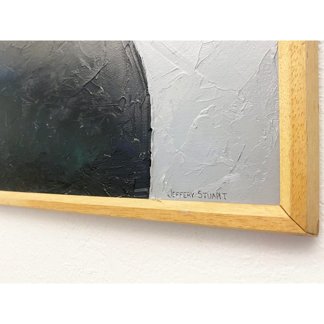 Original abstract oil painting on canvas by Jeffery Stuart entitled 'Monolith II". Framed in an oak wood frame. Artist:...