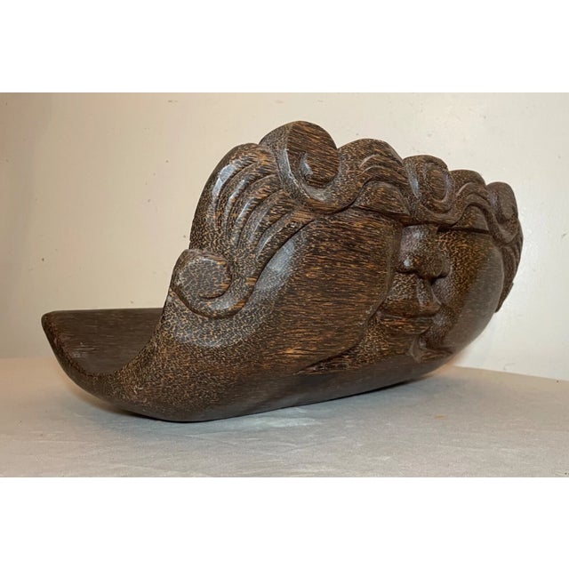 Share Large Antique Heavy Black Palm Asian Wooden Figural Sculpture Centerpiece Stand For Sale - Image 10 of 14