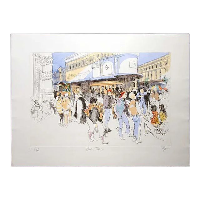 William Papas "Down Town" Signed Numbered Hand Colored Etching For Sale