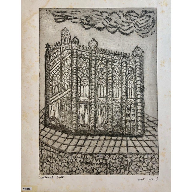 Dora Szampanier, Vienna Austria Jewish Memorial Etching Destroyed Synagogue Folk Art Judaica For Sale