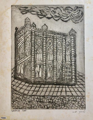 Dora Szampanier, Vienna Austria Jewish Memorial Etching Destroyed Synagogue Folk Art Judaica