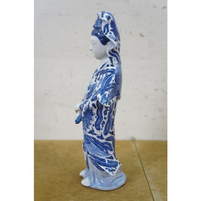 Vintage Japanese Kutani Blue White Porcelain Quan Yin Goddess Statue 10" For Sale - Image 4 of 14