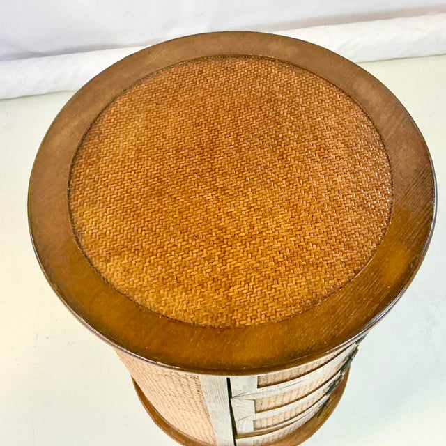 Wood 1980s British Colonial Ralph Lauren Style Round Herringbone Cane & Wood Cabinet, 4 Drawers For Sale - Image 7 of 16