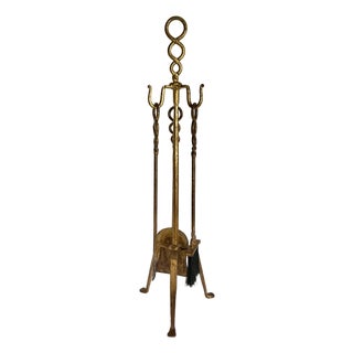 1960s Sculptural Gilt Iron Fireplace Tool Set With Stand For Sale
