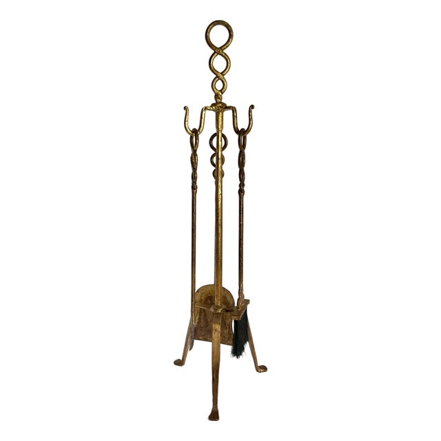 1960s Sculptural Gilt Iron Fireplace Tool Set With Stand For Sale