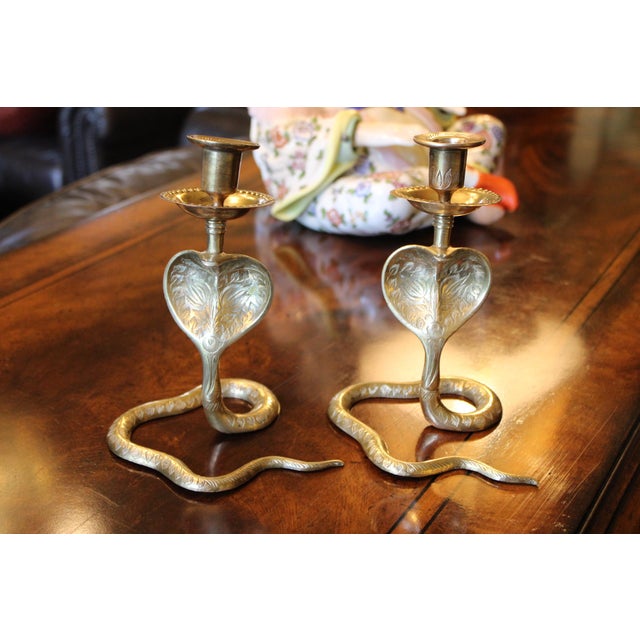 Metal Vintage Pair of Brass Cobra Snake MCM Candlesticks For Sale - Image 7 of 8