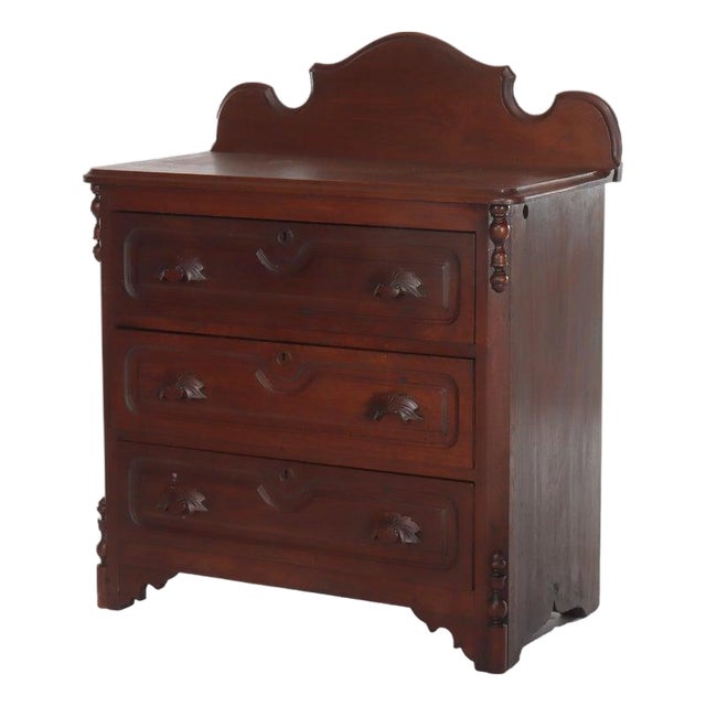 Antique Rococo Walnut 3-Drawer Commode With Back Splash & Carved Pulls C1890 For Sale