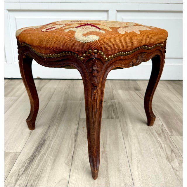Terra Cotta Antique French Louis XV Style Carved Wood Figural Needlepoint Footstool For Sale - Image 8 of 15