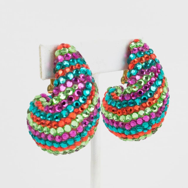 Green Richard Kerr Nautilus Shaped Multicolor Crystal Paved Pair of Clip Earrings For Sale - Image 8 of 11