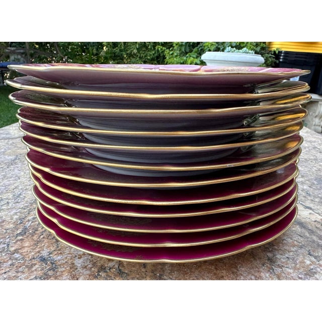 Vintage Set of 12 French Hand Painted Cherubs Gold Gilt Red Porcelain Dinner Plates For Sale - Image 11 of 12