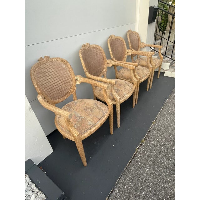 1980s Vintage Kreiss Carved Cane Faux Bois Set of 4 Dining Chairs