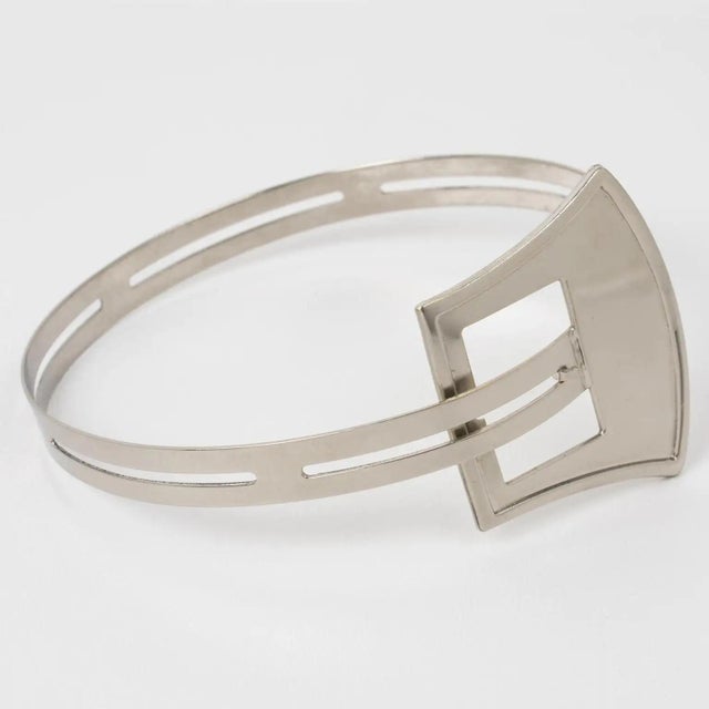 Modernist Silvered Metal Rigid Collar Necklace with Belt Buckle Design For Sale - Image 4 of 8
