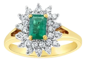 One Carat Emerald & Diamond Halo Engagement Ring, Size 7