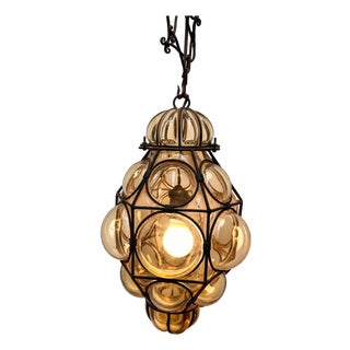 Vintage Amber Bubble Glass Pendant Lamp in Wrought Iron Frame For Sale