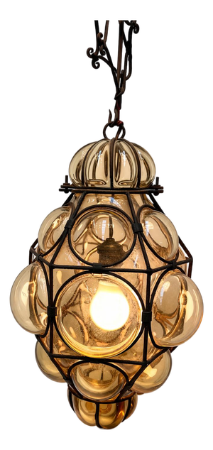 Vintage Amber Bubble Glass Pendant Lamp in Wrought Iron Frame