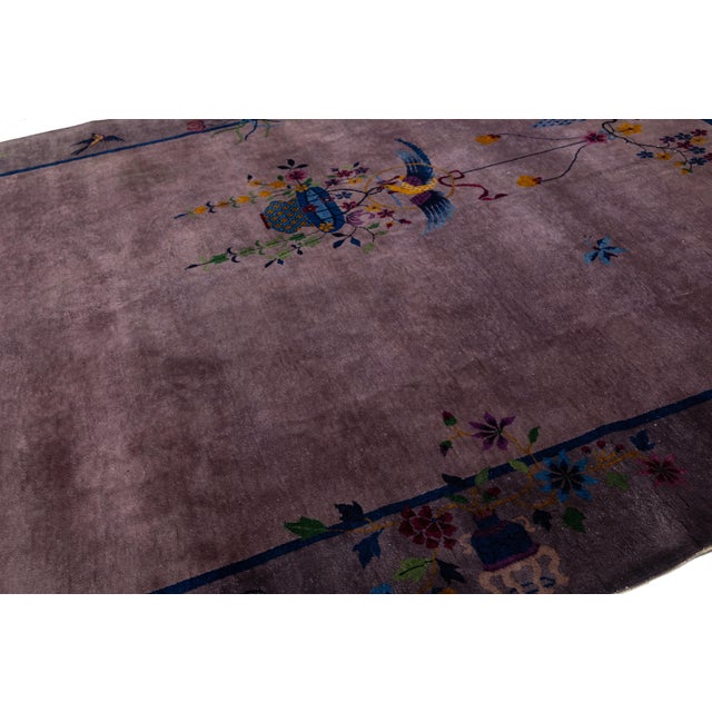 Purple Antique Chinese Art Deco Rug Plum Purple Wool Floral & Bird Motif 9x12 For Sale - Image 8 of 11