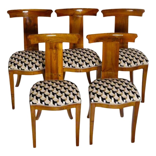 Set of Five Walnut Dining Chairs, Italy Mid-20th Century For Sale