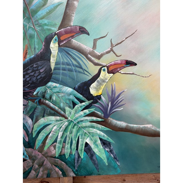 1980s Monumental Vintage Tropical Toucan Painting on Canvas For Sale - Image 5 of 11