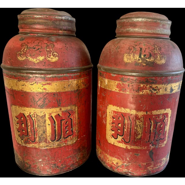 RARE Large 19th Century Chinese Tea Tins PAIR Tall Asian mercantile toleware tea tins in vibrant red with Chinese...