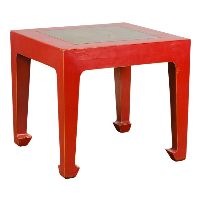 Chinese Vintage Red Lacquer Side Table with Qing Dynasty Stone Garden Tiles Top For Sale
