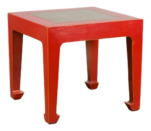 Chinese Vintage Red Lacquer Side Table with Qing Dynasty Stone Garden Tiles Top