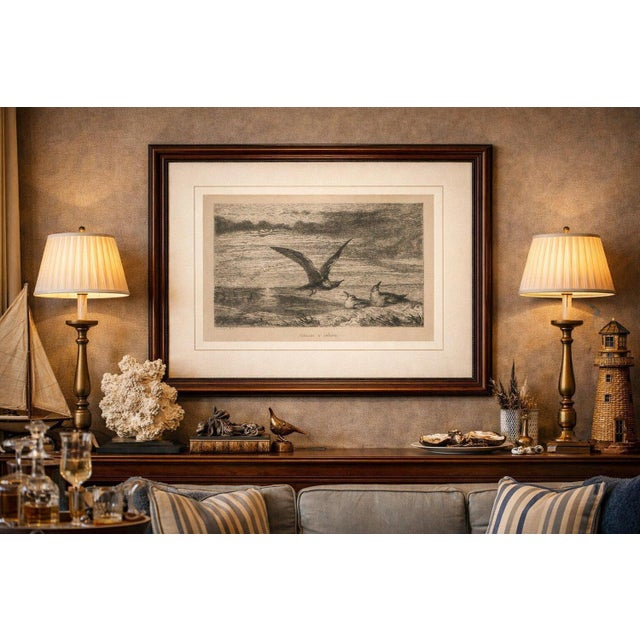 Seagulls at sunset on coastal cliffs, etching after r. Ansdell r.a., 1872 this atmospheric victorian wildlife etching...