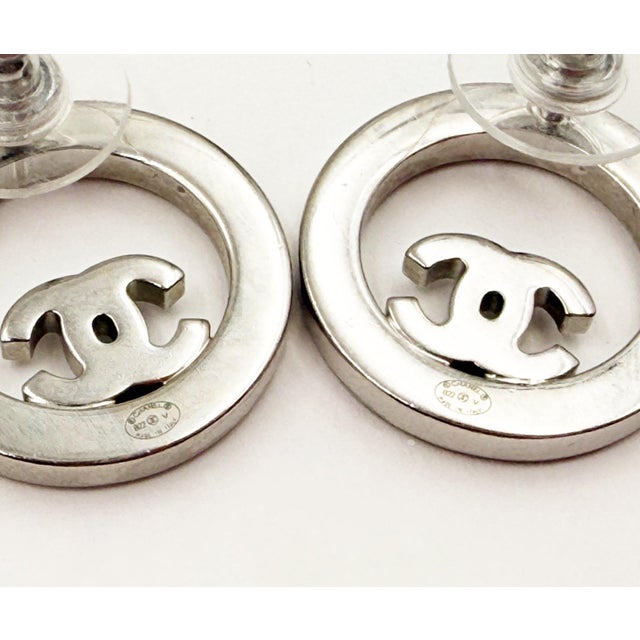 Chanel Chanel Silver CC Crystal Round Piercing Earrings, A Pair For Sale - Image 4 of 4
