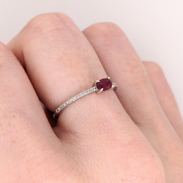 East West Ruby Ring W Earth Mined Diamonds in Solid 14k White Gold Oval 5x4mm For Sale In Columbus - Image 6 of 10