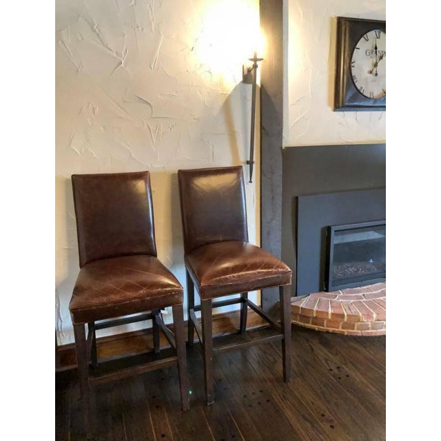 2010s Set of 2 Restoration Hardware Hudson Parsons Italian Brompton Cocoa Leather Stools For Sale - Image 5 of 8
