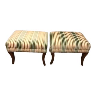 Ethan Allen Striped Upholstered Ottomans With Cabriole Legs - a Pair For Sale