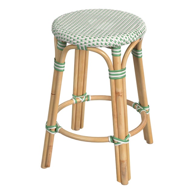 Tobias 24 in. Seat Height Round Rattan Backless Counter Stool, White/Green Dot/ Natural Rattan Frame For Sale