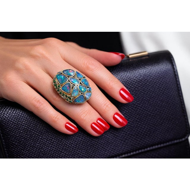 Blue Bochic “Orient” Vintage Sapphire, Garant & Blue Opal Set In 18K Gold & Silver For Sale - Image 8 of 12