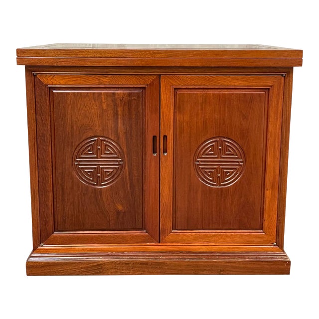 1960s Vintage George Zee Solid Teak Chinoiserie Flip Top Bar Server For Sale