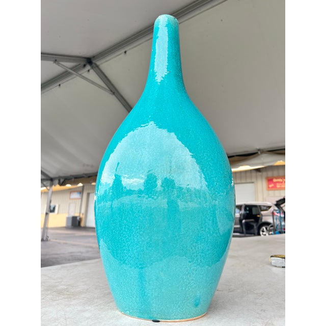 Mid-Century Style Large Turquoise Ceramic Long-Neck Tear-Drop Vase For Sale In West Palm - Image 6 of 7