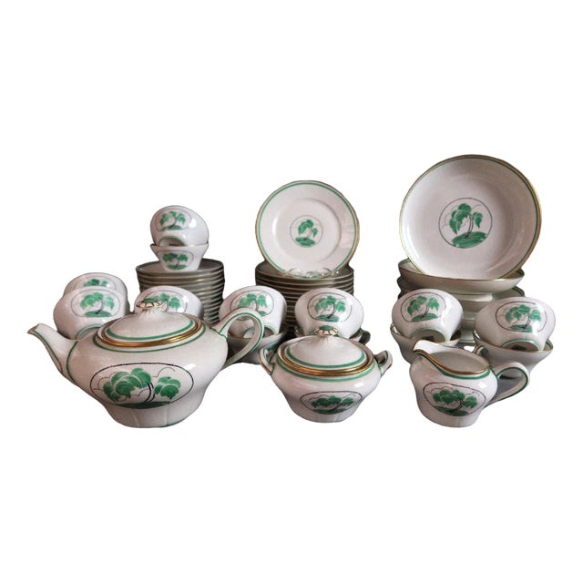 Art Deco Tea and Dessert Set in Porcelain with Palm Tree Decoration from Rouard, Set of 47 For Sale