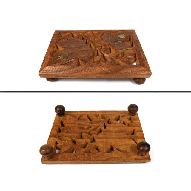 Boho Chic Late 20th Century Hand Carved Floral Design Wooden Inlaid Brass Footed Trivets - 3 Pieces For Sale - Image 3 of 11