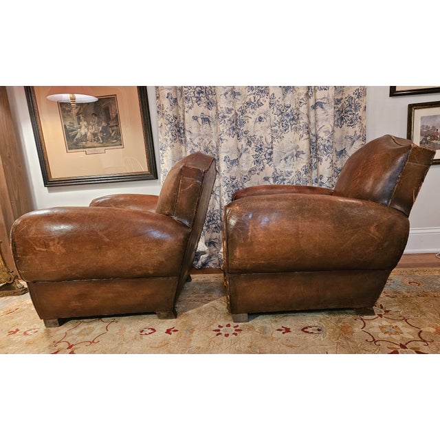 Pair of 1930's French Art Deco, Cognac Leather Chairs With Nail Head Decoration For Sale - Image 13 of 18