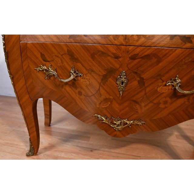 Brown 1920 Antique French Louis XV Satinwood Inlaid & Marble Top Commode / Dresser For Sale - Image 8 of 18