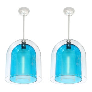 Modernist Handblown Murano Glass 3-Tier Mixed Blue Dome Form Pendant Chandeliers For Sale