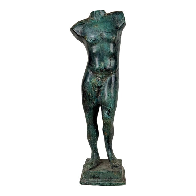 Vintage 16" Italian Grand Tour Style Bronze Verdigris Nude Torso Sculpture For Sale