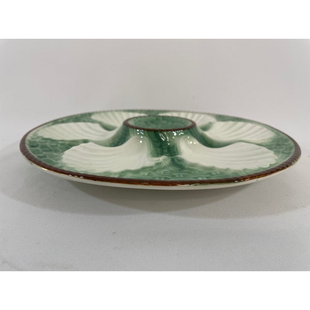 Longchamp 1930s French Longchamp Green and White Majolica Oyster Plate For Sale - Image 4 of 14