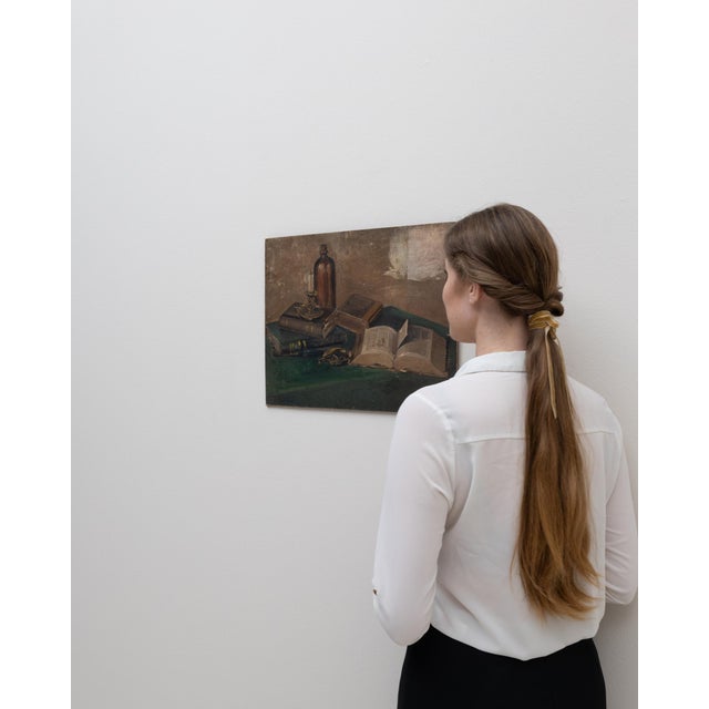 Mid 20th Century 20th Century Belgian Still Life Books Painting For Sale - Image 5 of 18