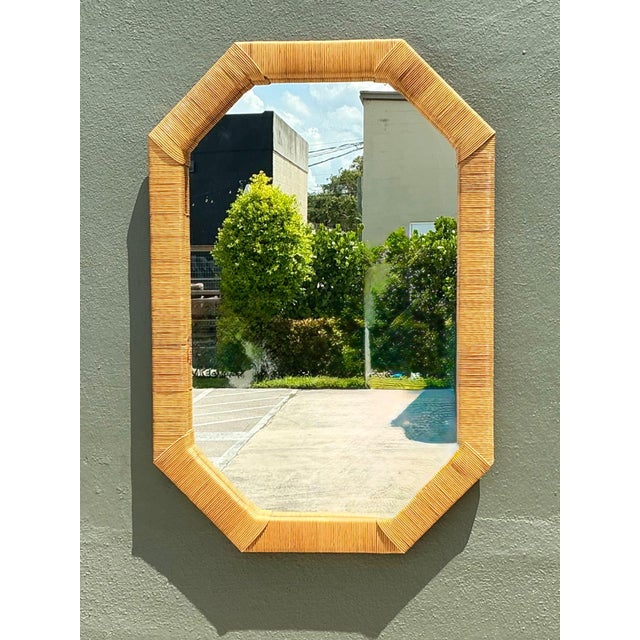 Tan Vintage Octagonal Rattan Wrapped Wall Mirror For Sale - Image 8 of 14