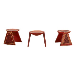 Wooden Stools with Table with South American Motifs, Set of 3 For Sale