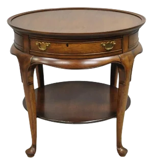 Vintage English Queen Anne Style Round Walnut Wood Lamp Side Table by Hekman