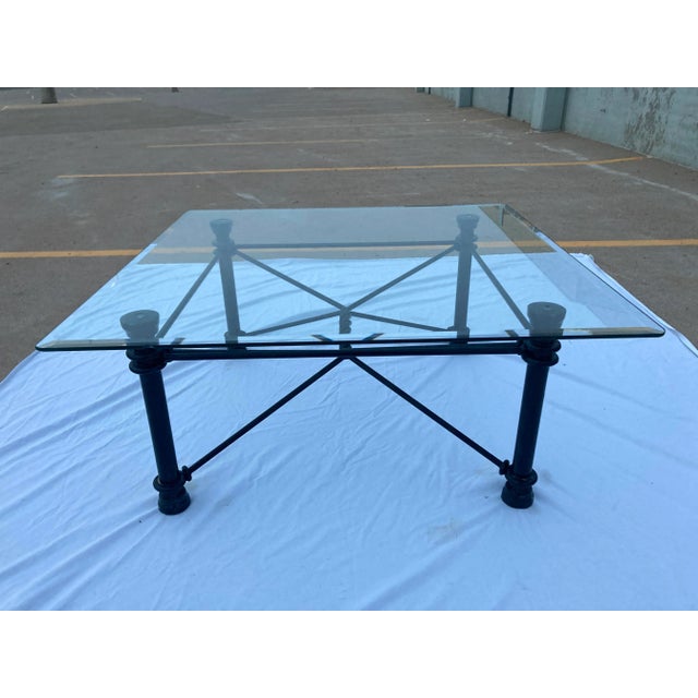 Diego Giacometti 1980s Mid-Century Modern Square Wrought Iron Base Beveled Glass Top Coffee Table For Sale - Image 4 of 13